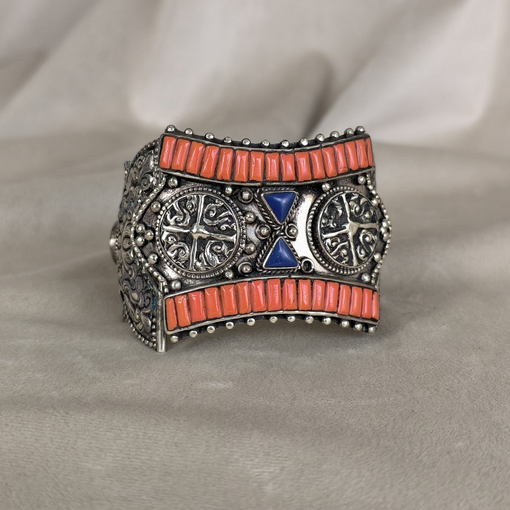 Antique Tibetan Handmade Sterling Silver and Orange Coral Bracelet